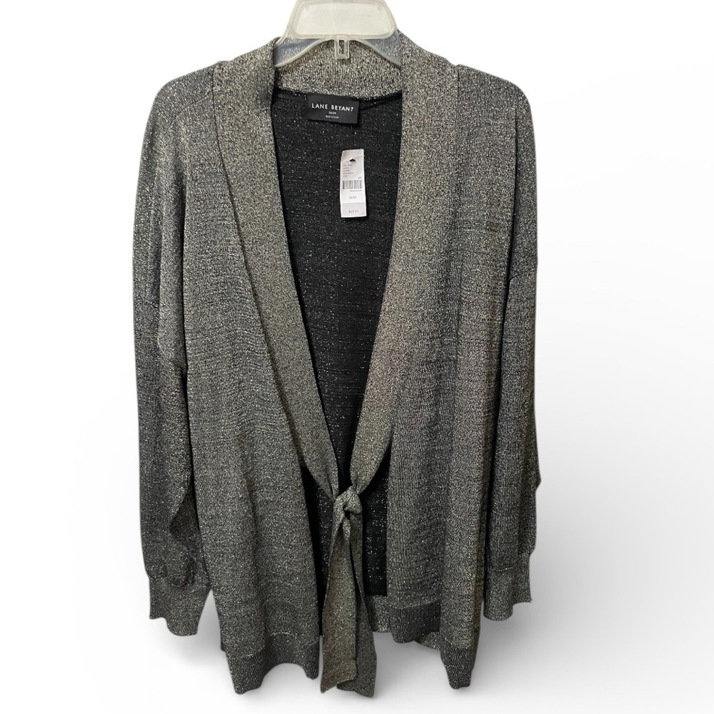 Lane Bryant Classic Tie-Front Shine Cardigan in black/silver metallic knit 22/24